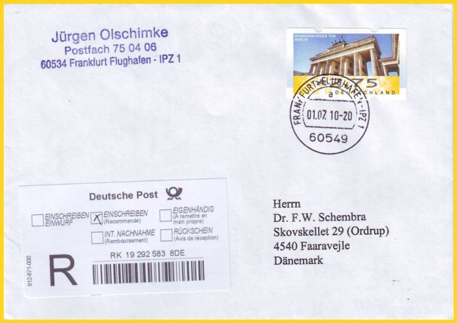 Wertbrief international vom ersten Tag mit stiller Versicherung als Einschreiben vom 1. Juli 2010