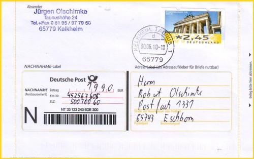 letzter Tag der Nachnahme ohne Mehrwertsteuer - 30. Juni 2010 - hier in Form einer Nachnahmepostkarte die noch komplett mit Briefmarken frankiert werden kann