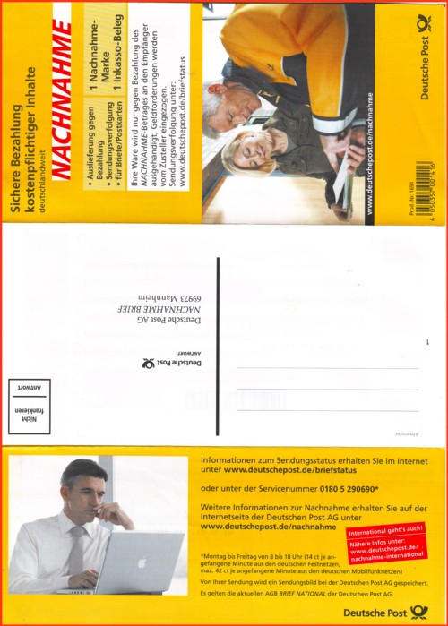 Die aufgeklappte Vorderseite des neuen im voraus zu zahlenden dreiteiligen Nachnahmeformulars - in der Mitte erkennbar der Teil der als Postwerbeantwort ans Beleglesecenter in Mannheim geschickt werden soll - 1. Auflage