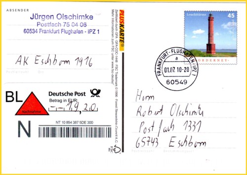 Kodierte Nachnahmepostkarte vom ersten Tag mit Mehrwertsteuer (1. Juli 2010) - verklebt werden kann hier nur noch das Postkartenporto - hier in Form einer Pluskarte, die mittels vorausbezahlten Nachnahmelabels zur Nachnahmepostkarte wurde - das große BL steht nun für "Beleglos"