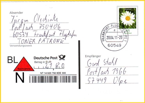 Kodierte Nachnahmepostkarte als Ganzsache vom 20. April 2011 