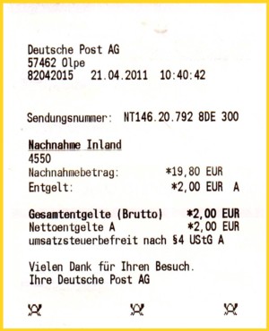 Die Quittung die der Kunde erhält, wenn die Sendung an einem Postschalter abgeholt wird
