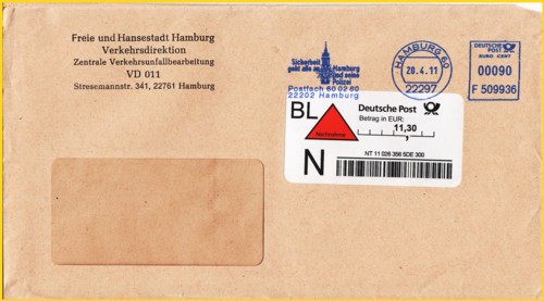 Der selbe Absender wie vorher, nun aber nur noch die Briefgebühr in Höhe von 90 Cent verstempelt und das im voraus gezahlte Label incl. Mehrwertsteuer