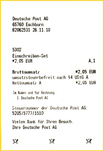 Die selbe Quittung von vorne - hier sprich man aber nun von einem "Einschreiben-Set"