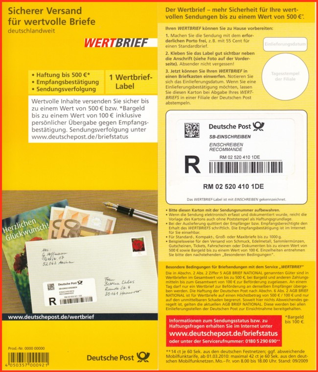Der Verkaufskarton für den Wertbrief Inland von vorne und hinten mit dem "SB-Einschreiben" als verdeckter Wertlabel