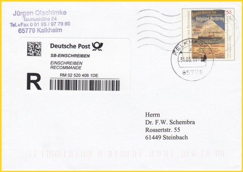 Wertbrief Inland vom letzten Tag der Gültigkeit (31. März 2011) - das es sich hier um einen Wertbrief gehandelt hat, ist nur am nicht gezeigten Einlieferungsschein oder indirekt am Nummernkreis erkennbar