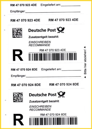 Ein Blatt aus der neuen Verkaufseinheit 50 Einschreibenmarken