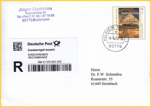 Ein SB-Einschreiben aus der Frühzeit mit dem neuen Label mit "Zusatzentgelt bezahlt" vom 8. März 2012