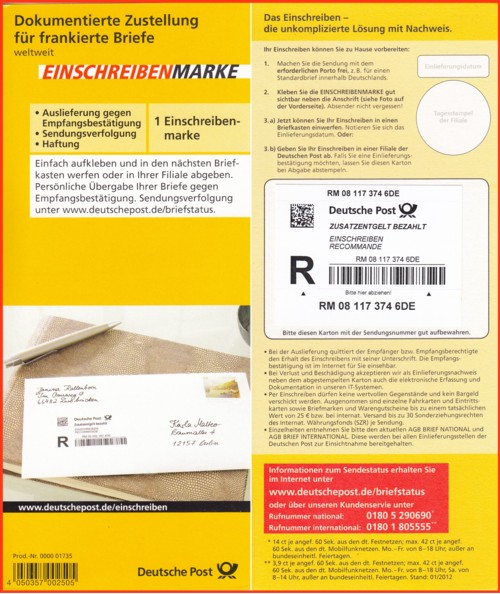 Die neue Einschreibenmarke mit Label mit geänderten Text - Stand 01/2012