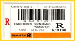 Musterlabel aus dem PDL-Automat von der Postexpo 2002 in Köln