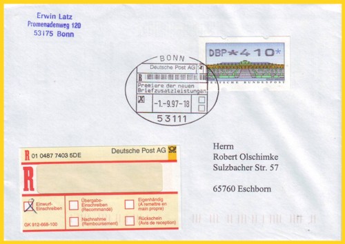 Einschreibebrief mit Sonderstempel zur offiziellen Premiere der neuen Briefzusatzleistungen