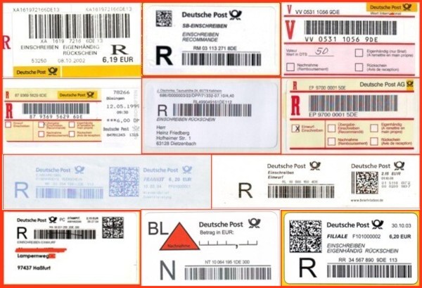 Hier sehen Sie eine kleine Auswahl bezüglich der Vielfalt der Strichcode-Label oder gedruckter Strichcodefreimachungen für Einschreiben, Nachnahme und Wertbrief