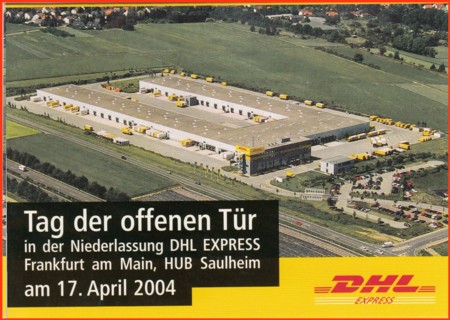 Luftbild vom Paketzentrum Saulheim auf der Aussenseite einer Klappkarte, anläßlich des Tages der offenen Tür im April 2004