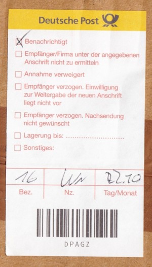 Benachrichtigungslabel für Pakete mit Strichcode