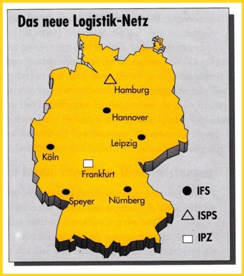 Postgrafik über die Standorte der Auswechslungsstellen im Bereich der Paketpost in Deutschland (Stand September 1997) aus einer Presseinfo der damaligen Generaldirektion