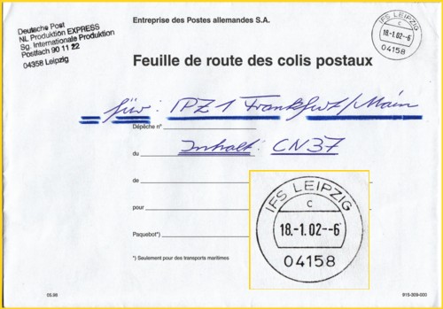 Innendienstumschlag (Postsache) von der IFS Leipzig ans IPZ 1 - hier mit Tagesstempel "IFS Leipzig" UB "c" am 18. Januar 2002 gestempelt