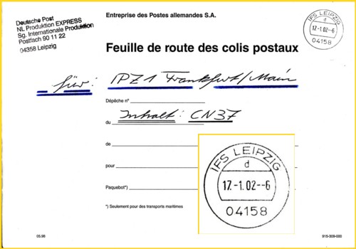 Innendienstumschlag (Postsache) von der IFS Leipzig ans IPZ 1 - hier mit Tagesstempel "IFS Leipzig" UB "d" am 17. Januar 2002 gestempelt