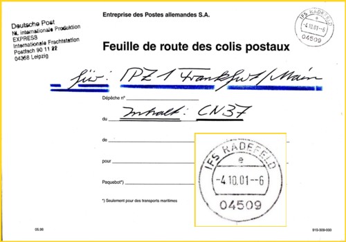 Innendienstumschlag (Postsache) von der IFS Leipzig ans IPZ 1 - hier mit Tagesstempel "IFS Radefeld" UB "e" am 4. Oktober 2001 gestempelt