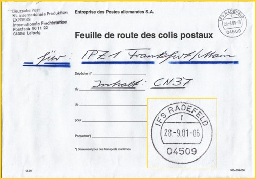 Innendienstumschlag (Postsache) von der IFS Leipzig ans IPZ 1 - hier mit Tagesstempel "IFS Radefeld" UB "f" am 28. September 2001 gestempelt