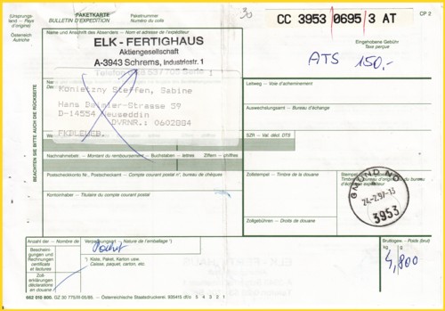 Vorderseite einer Paketkarte aus Österreich (Gmünd) für ein Paket nach Deutschland - Kosten 150 Schilling