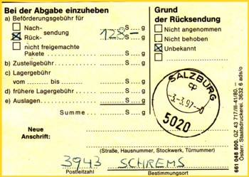 Hier der letzte Beleg zu dieser Dokumentation, des nicht zustellbaren Paketes - der Umrechnungsbeleg vom österreichischen Auswechslungspostamt Salzburg für das zurückgehende Paket aus Deutschland mit der Umrechnung der DTS in österreichische Schilling