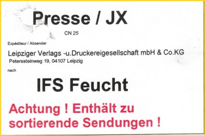 Vorsteckzettel für Pressesendungen - CN 25 - (bzw. großer Vorbindezettel) für Zeitungen die über das IFS Feucht ins Ausland laufen