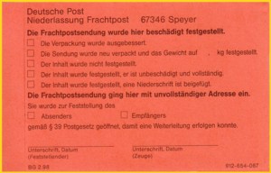 Seltener Aufkleber vom Frachtzentrum Speyer, falls die Sendung beschädigt wurde