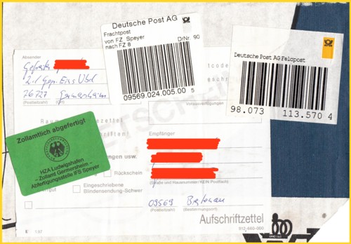 Feldpostpaket, das in der IFS Speyer zollamtlich abgefertigt wurde