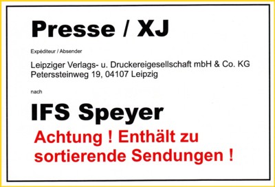 Vorbindezettel - Vorsteckzettel für Pressesendungen die über das IFS Speyer ins Ausland laufen sollen