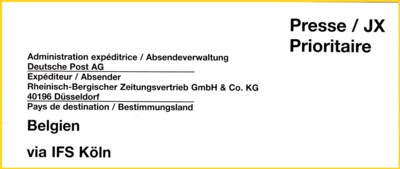 Infoträger einer Zeitung, für Sendungen nach Belgien über die IFS Köln