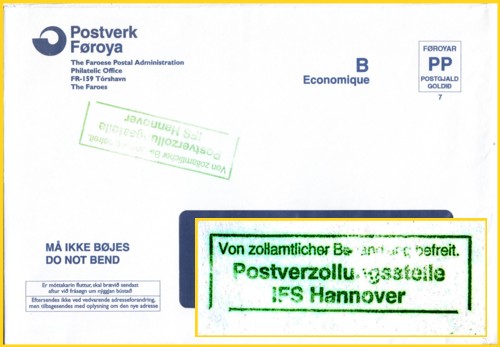 Briefsendung von den Färor-Inseln mit grünen Zollstempel "Von zollamtlicher Behandlung befreit / Postverzollungsstelle / IFS Hannover"