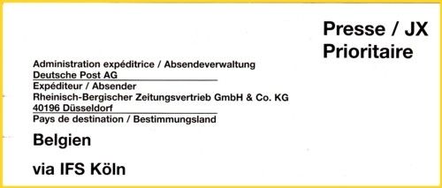 Ein Infoträger für Pressesendungen die über das IFS Köln nach Belgien laufen sollen