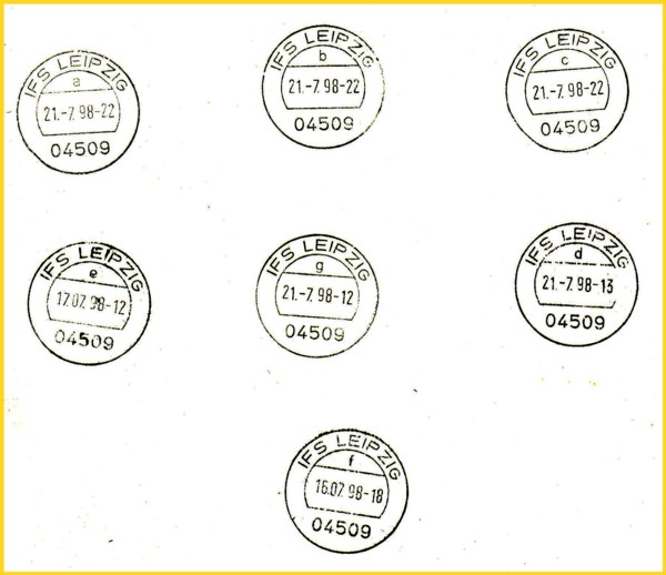 Stempelübersicht über die möglichen bekannten Tagesstempel der Internationalen Frachtpoststation Leipzig