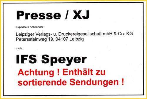 großer Vorbindezettel für Zeitungen ins Ausland - hier über das IFS Speyer