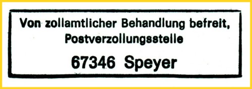 Postverzollungsstempel vom IFS Speyer (zwar in der falschen Farbe abgeschlagen - normalerweise nur grün) aber zumindest so doch hier zum Zeigen möglich