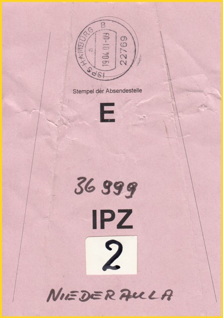 Hier der selbe Stempel auf einer kompletten Einschreibbeutelfahne an das IPZ 2 in Niederaula