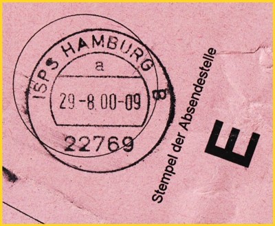 Stempelausschnitt aus einer Einschreibbeutelfahne mit einem sehr sauberen Abschlag des ungewöhnlichen Tagesstempels ISPS Hamburg B (so sauber und lesbar war wenn überhaupt auffindbar ein 6er im Lotto mit Zusatzzahl)