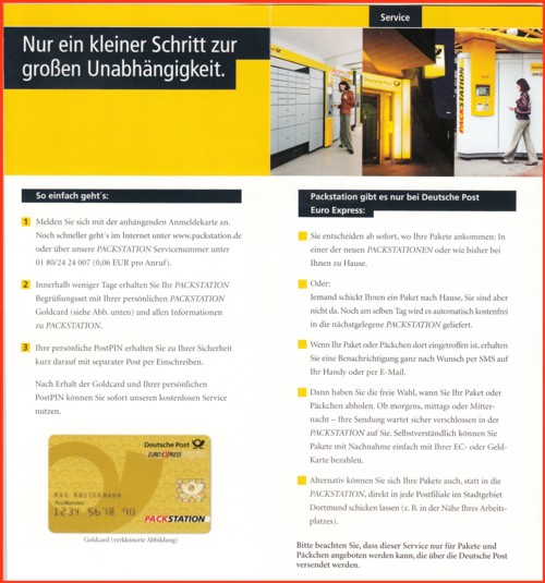 Werbeprospekt für die Kunden der zweiten Pilotstadt in Dortmund zur neuen Packstation (Teil 3 weitere Infos z.B. zur Goldcard)