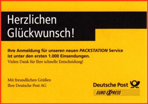 Glückwunschkärtchen für Schnellregistierer aus dem erweiterten Versuchsgebiet aus Frankfurt im Herbst 2002