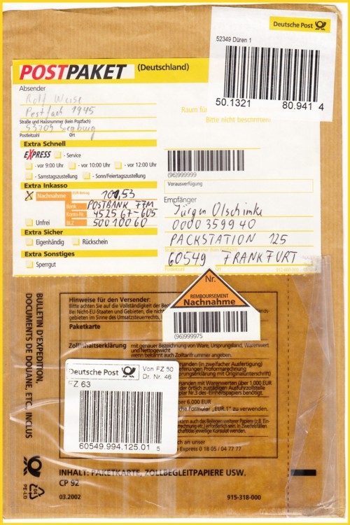 Ein Testpaket mit Nachnahme an eine Packstation vom Herbst 2002 im erweiterten Versuchsgebiet in Frankfurt (Paternoster-System) Packstation 125 vor dem IPZ in Frankfurt (wurde später abgebaut - Standort exisitert nicht mehr)