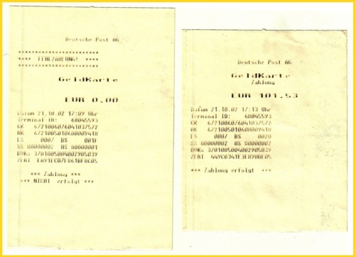 Die selbe Quittung im Orginal nach 10 Jahren sowie dazu die bisher nicht gezeigte Quittung über eine Fehlzahlung - da die Quittungen auf schlechtem Termopapier gedruckt wurden, sind diese heute fast nicht mehr lesbar - nur durch eletronische Nachbearbeitung konnte hier der Kontrast noch etwas rausgekizelt werden
