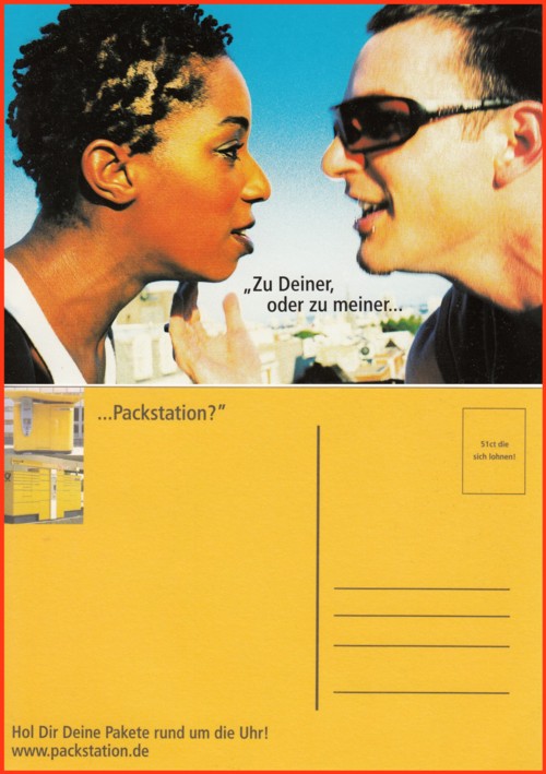 Von der Post im Rahmen einer Werbeaktion im Jahr 2002 oder 2003 verteilter spezielle Postkarten mit Packstationsmotiv (hier Motiv 2 Vorder- und Rückseite)