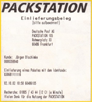 Das Ergebnis dazu - die zugehörige Einlieferungsbescheinigung, daß der Scanner die Retoure als solche erkannt hat (hier vom 2. Tag der erstmaligen Annahme)