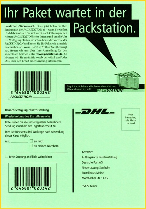Die Vorderseite der grünen Paketbenachrichtigungskarte aus dem Testgebiet Mainz im Frühjahr 2004 Die Vorderseite der grünen Paketbenachrichtigungskarte aus dem Testgebiet Mainz im Frühjahr 2004