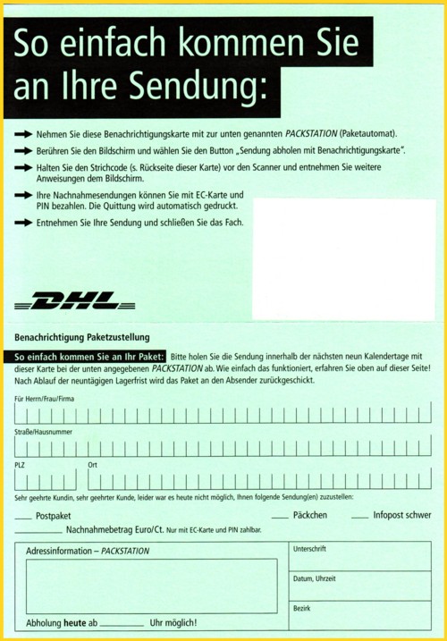 Hier die allererste Variante der grünen Benachrichtigungskarten aus dem Mainzer Versuchsgebiet vom Frühjahr 2004 (Rückseite)