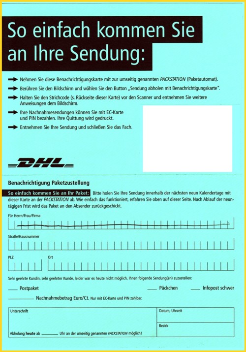 Hier eine grüne Benachrichtigungskarte aus der 2. Hauptauflage, die im Layout vor allem auf der Vorderseite deutlicher geändert wurde (Rückseite)