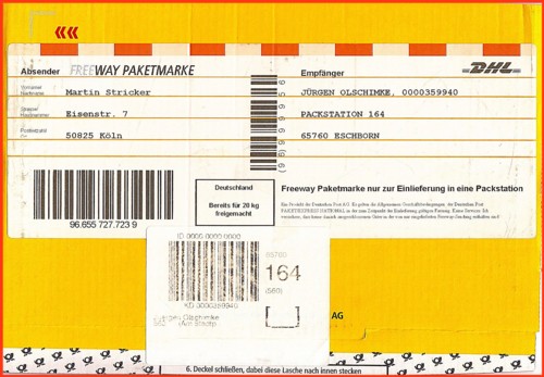 Freeway-Paketmarke für 20 Kilo mit Sicherheitsstreifen vom ersten Tag 10. August 2004 (nur erkennbar an hier nicht gezeigter Quittung)