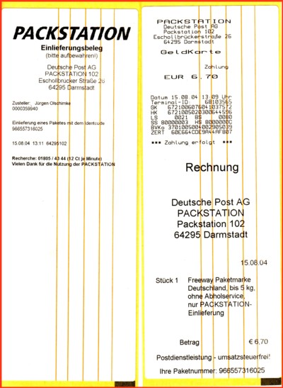 Quittung und Einlieferungsbeleg von einer Packstation 5 Tage nach Einführung auf weißem Testpapier Quittung und Einlieferungsbeleg von einer Packstation 5 Tage nach Einführung auf weißem Testpapier