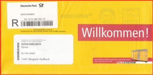 Der selbe Umschlag und Inhalt wie eben, nun aber mit zusätzlicher Packstationswerbung im Absenderfreistempel vom 26.08.2004 natürlich auch wieder vom Packstationsservice aus Düsseldorf