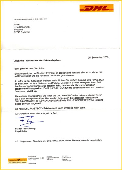 Das dazugehörige Begleitschreiben im Orginal mit der Werbung für die Paketbox und der Standortangabe vor Ort im Versuchsgebiet
